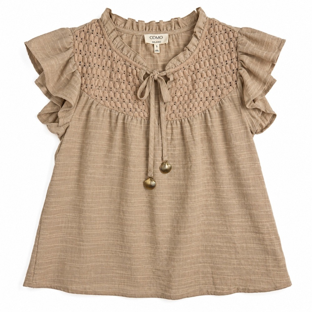 NWT Como Milano Tan Crochet Yoke Top Seashell Cottagecore Prairie S Whimsical